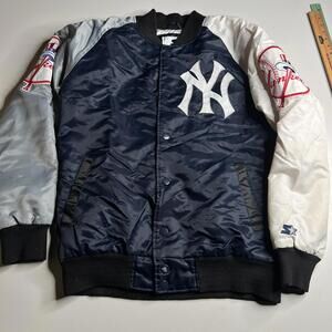 New York Yankees Jacket Mens Large Navy White MLB Baseball Starter Satin Bomber